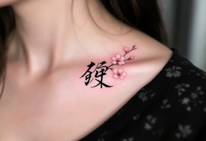 A stylized black kanji for “love” (愛) with soft pink cherry blossoms around it. tattoo idea