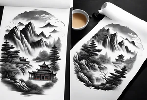 forearm sleeve traditional chinese art painting Chinese temple two old philosophers wearing robes and drinking tea mountains mist fog waterfall tattoo idea