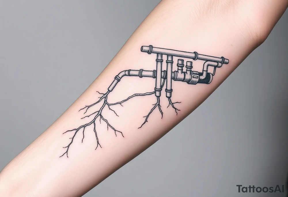 Top pipe starts closer to the elbow, long System of pipes that transitions and transforms into veins of forearm tattoo idea