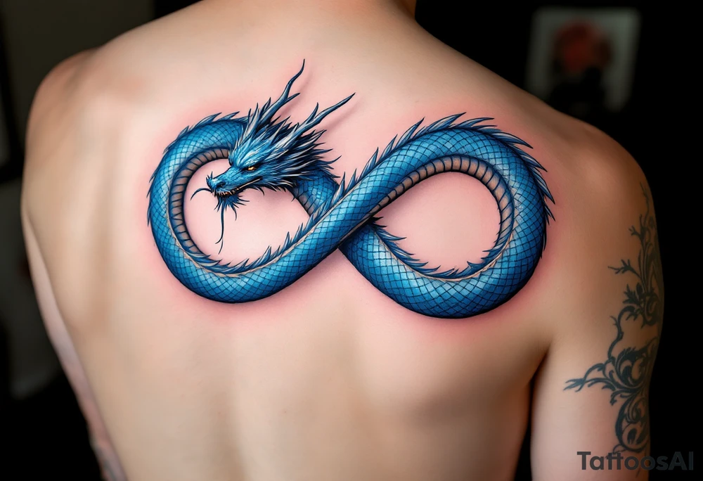 The design features a dragon, coiled in the shape of the infinity symbol (sideways number "8"). The dragon is depicted eating its own tail, symbolizing eternity and continuity, inspired by the Ouroboros.

Details:

The dragon's body has vibrant, glossy blue scales, with a smooth and polished texture.
It maintains a clean, balanced shape in the infinity figure, with sharp details and elegant flow.
Style:

The focus remains on the dragon's form, with no additional background elements to keep the design minimal and modern. tattoo idea