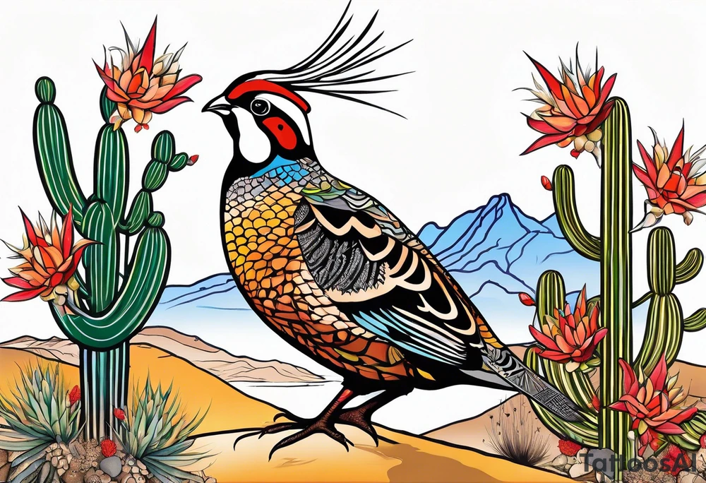 Three quails, desert flowers, cactus, ocotillo, tattoo idea