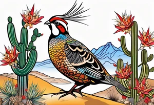 Three quails, desert flowers, cactus, ocotillo, tattoo idea