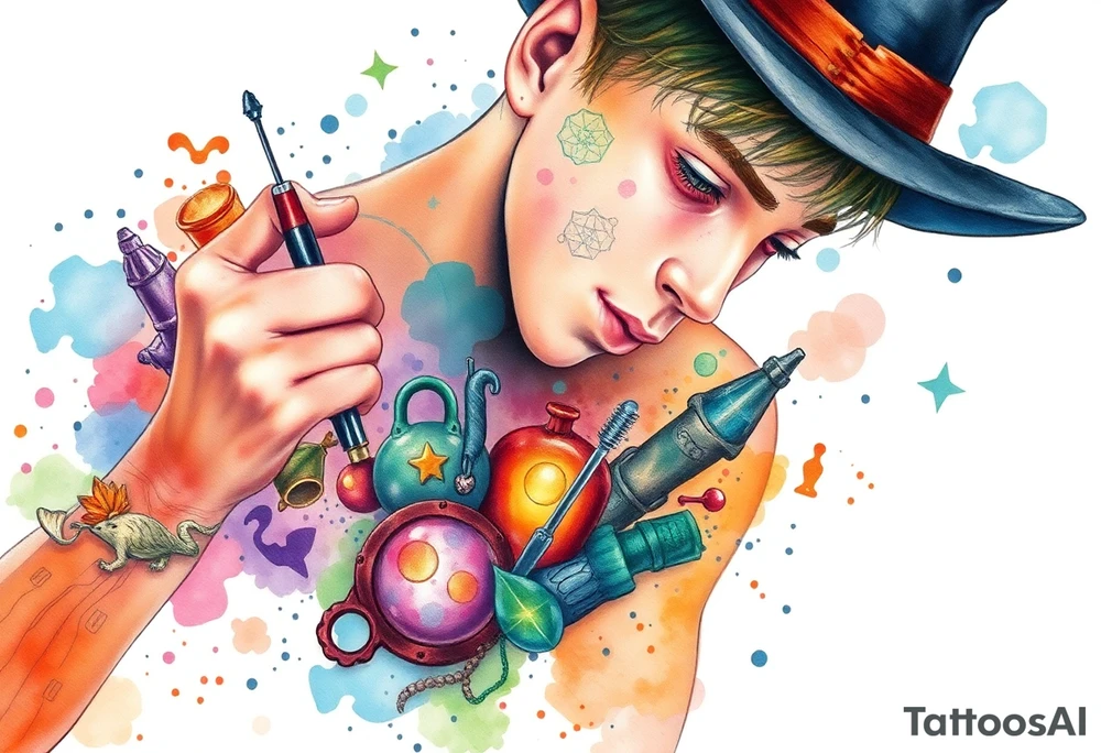 Young guy is exploring witch supplies, tools, equipment tattoo idea