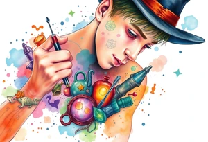 Young guy is exploring witch supplies, tools, equipment tattoo idea