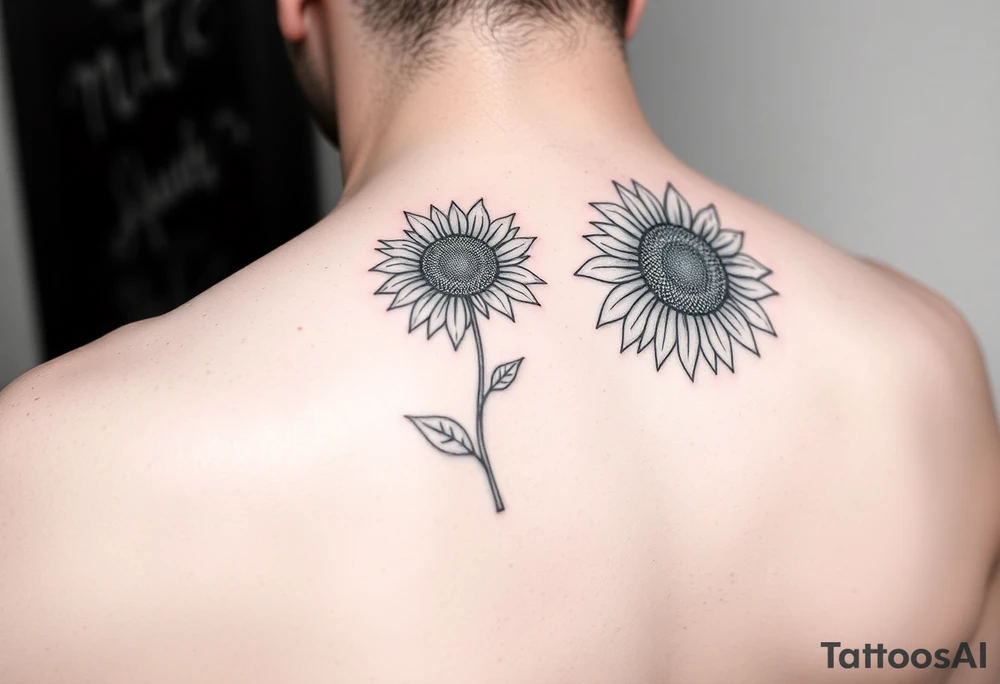 Small minimalist line art inspired by daughter Harlow and sunflower. 3x3 tattoo idea