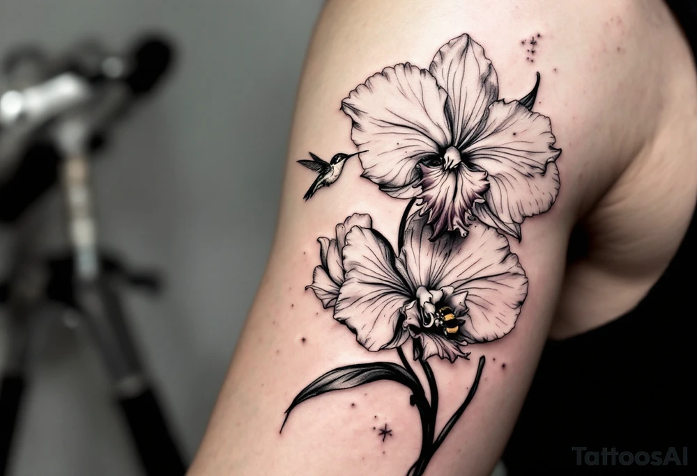 A delicate, black and white fine-line tattoo for male, featuring gracefully detailed 2 orchids in full bloom including their stems, with soft, intricate petals and elegant curves. Beside it, a hummingbird hovers mid-flight, its wings drawn with subtle motion lines, its slender beak reaching toward the orchid’s center to drink its nectar. on the other flower there is a bee that is resting tattoo idea