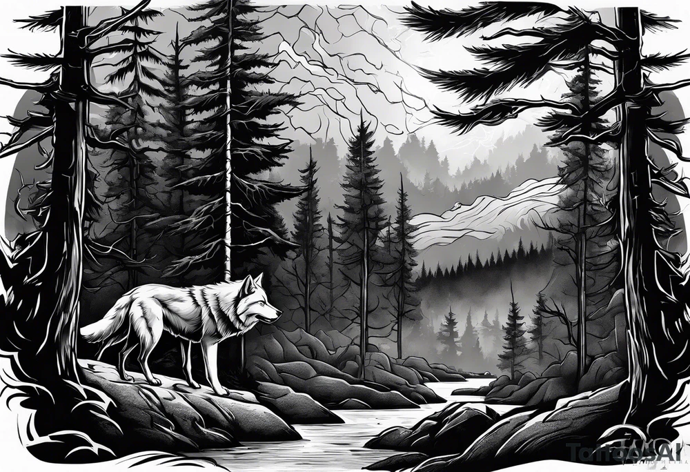 Powerful storm raging through forest with an alpha wolf snarling tattoo idea