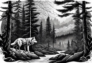 Powerful storm raging through forest with an alpha wolf snarling tattoo idea