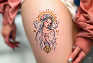 Lada Goddess – A serene figure in white and pale pink robes, crowned with flowers, surrounded by doves and hearts of gold. tattoo idea