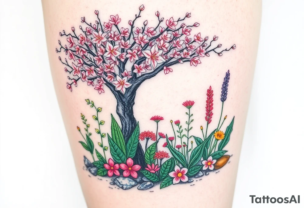 Lilly of the vally plants underneath a blooming hawthorn tree with other colorful plants on ground tattoo idea