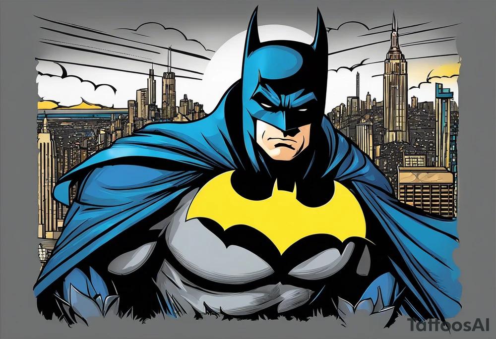 Batman with Batman-Logo and Gotham city in background. Bat signal is active. Batman ist swinging around in the city tattoo idea