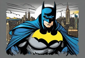 Batman with Batman-Logo and Gotham city in background. Bat signal is active. Batman ist swinging around in the city tattoo idea