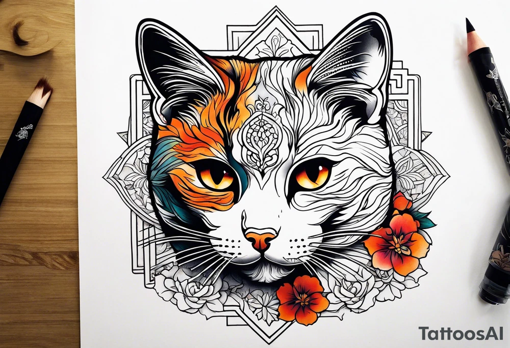 calico cat with no harsh lines tattoo idea