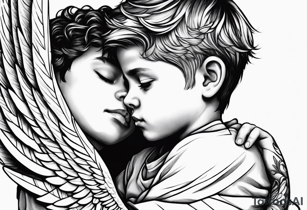 A boy laying his head on an angel’s shoulder tattoo idea