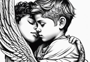 A boy laying his head on an angel’s shoulder tattoo idea