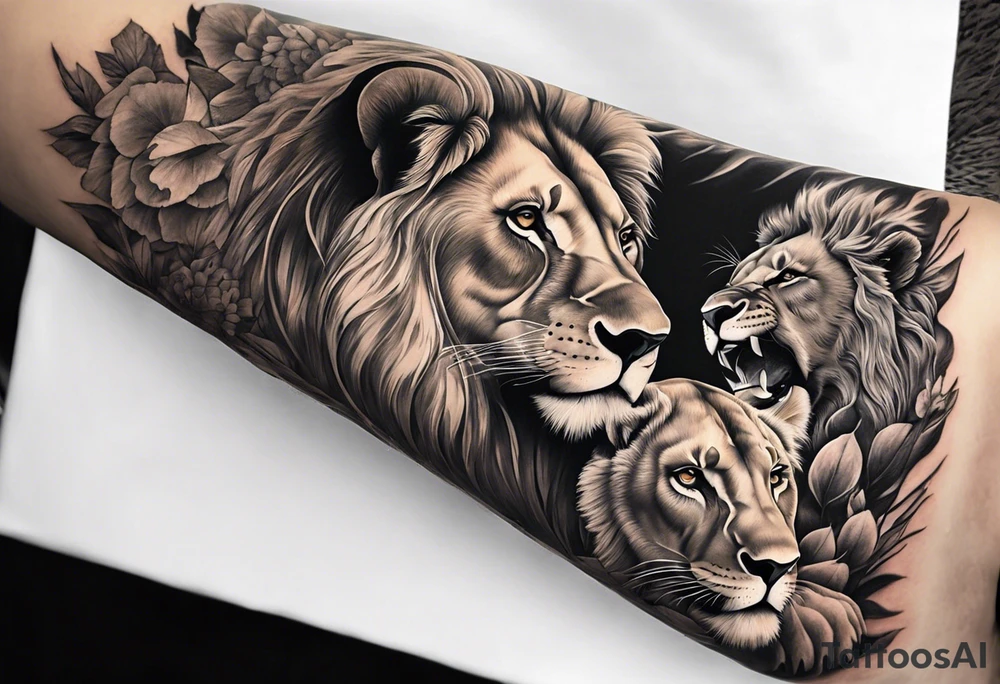 Full sleeve tattoo depicting a large lion protecting his lioness and 6 lion cubs. Background should depict a safari scene tattoo idea