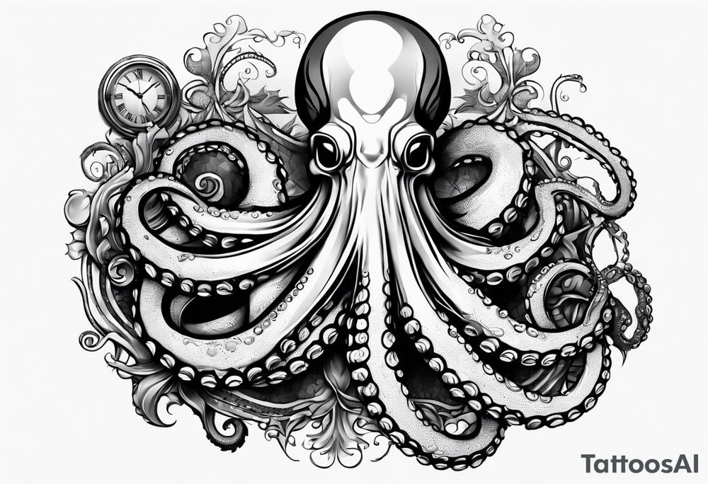 to be drawn in the arm, pocket watch wrapped under an aggressive octopus in side view tattoo idea