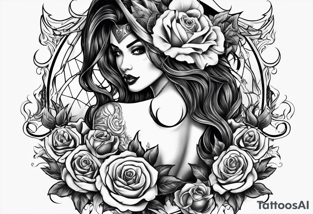 Beautiful devil lady, guns and roses intertwined tattoo idea