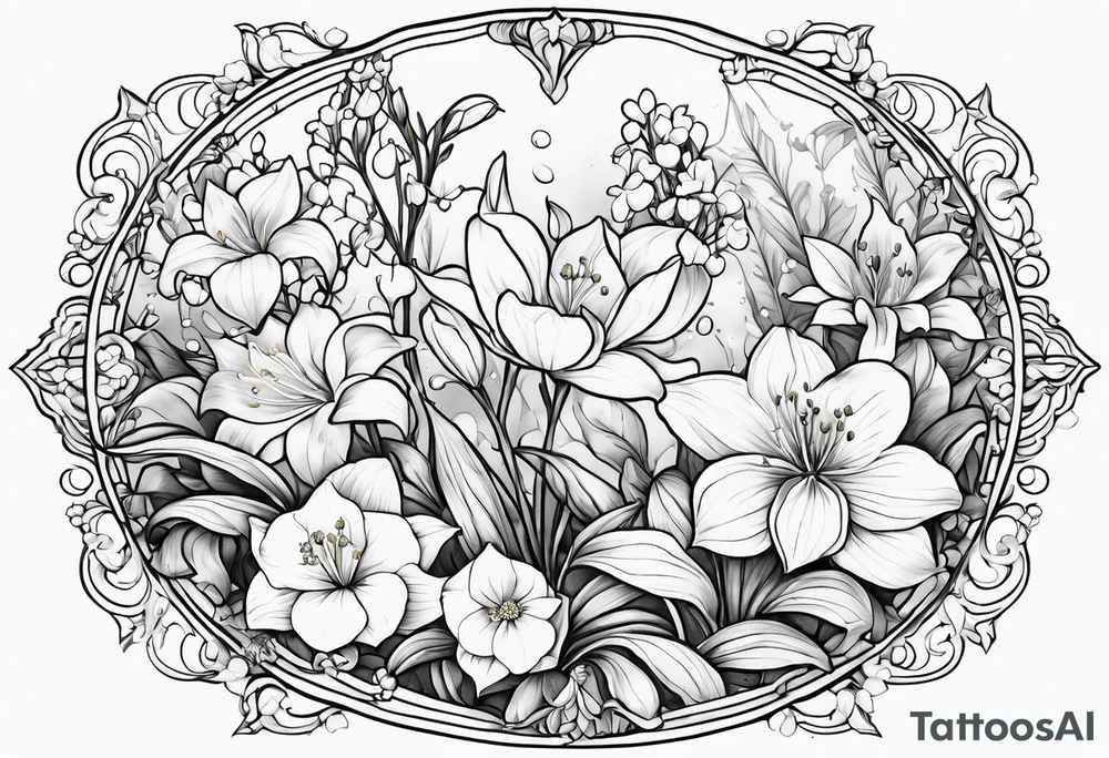 Big Larkspur and Lily of the valley flowers surrounded by water lilies, Hawthorne flowers, carnations, and snowdrop flowers tattoo idea