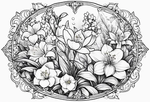 Big Larkspur and Lily of the valley flowers surrounded by water lilies, Hawthorne flowers, carnations, and snowdrop flowers tattoo idea