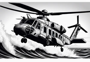 A detailed 4K drawing of a Canadian military grey CH-148 Cyclone helicopter soaring low over rough, ocean waves. T tattoo idea