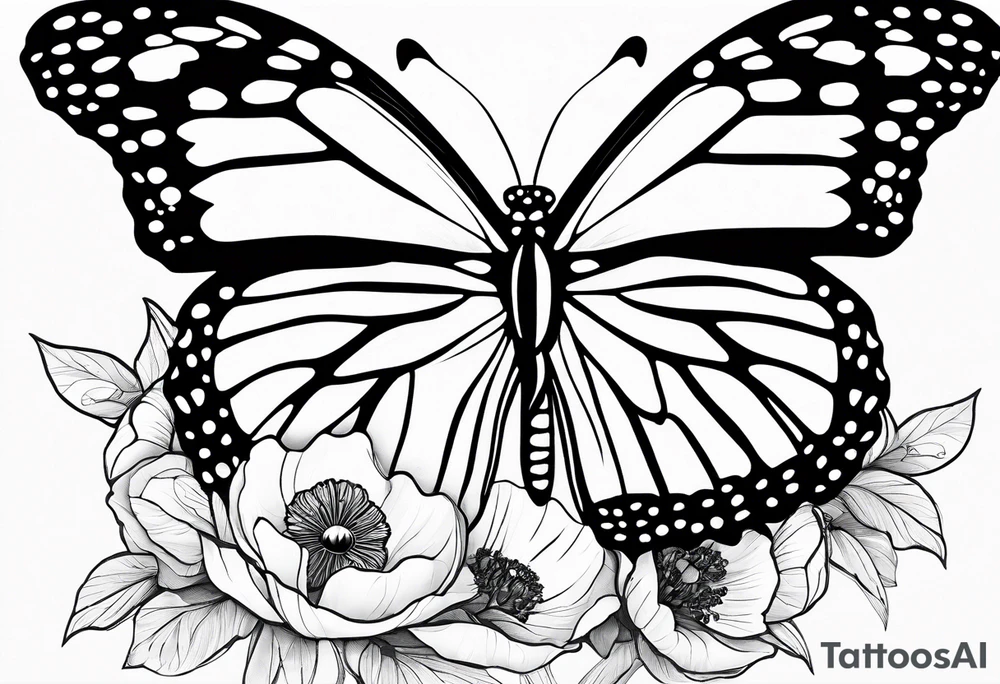 A black and white, fine line tattoo design of a monarch butterfly with poppy flowers inside the top wings. The butterfly has clean lines, and the poppies are delicately integrated within the wings. The bottom wings are simple. The overall style is elegant and refined, focusing on the graceful fusion of the butterfly and flowers. I don’t want flowers outside of the butterfly’s wings and the top wing should only be used as an outline for the flowers inside tattoo idea