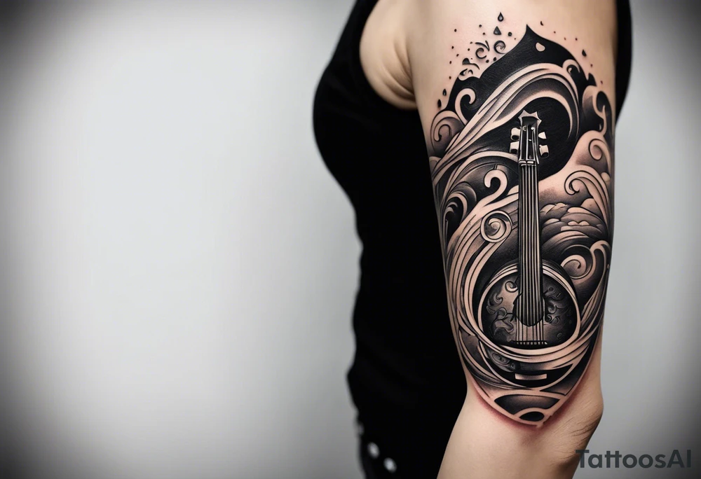 simple icons down the back of the arm featuring four icons:

1. a music note on a staff
2. a wave of water
3. a pocket
4. mushroom tattoo idea