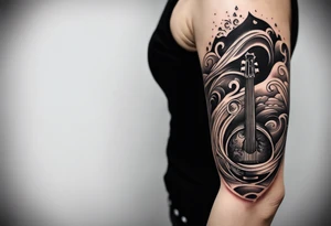 simple icons down the back of the arm featuring four icons:

1. a music note on a staff
2. a wave of water
3. a pocket
4. mushroom tattoo idea