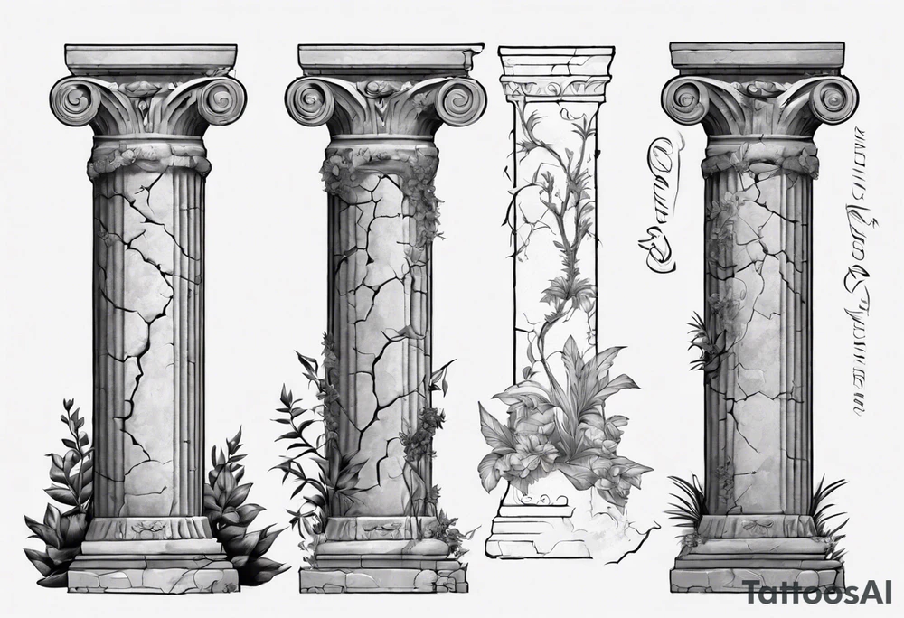 Ancient roman pillar in the Ionian style. It has cracks on it, and on the lower half some overgrown plants. 

The top part of the pillar has broken off, to the right side of the pillar, and has the word "OMNIA" inscribed on it. tattoo idea