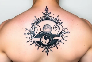 Number 222 surrounded with ying yang and sunset and love and stardust and vibration tattoo idea