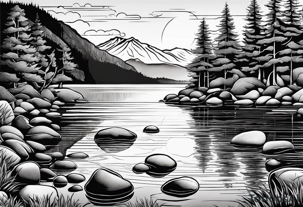 pebble beach on a lakefront with a lake surrounded by tall trees and a mountain backdrop. Has reflections across the lakewater tattoo idea