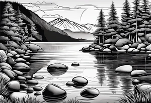 pebble beach on a lakefront with a lake surrounded by tall trees and a mountain backdrop. Has reflections across the lakewater tattoo idea