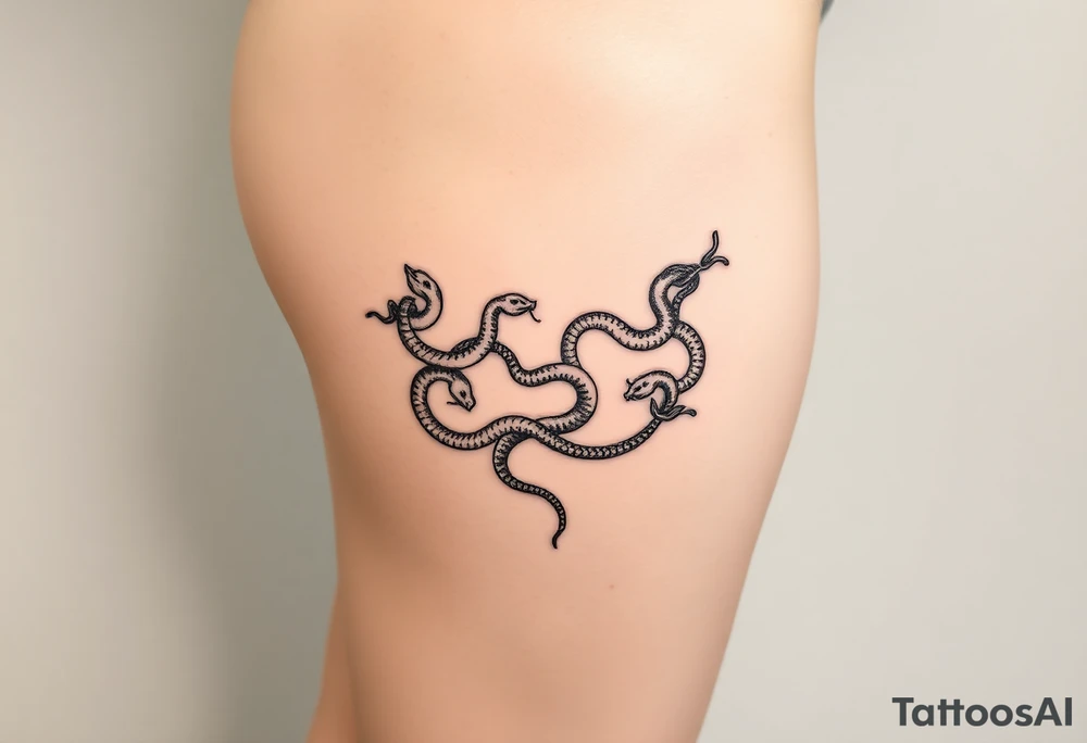 Fine-line thigh tattoo, luxury body chain made of intertwined snakes, Medusa-inspired symbolism, feminine, dainty, blackwork, hip to mid-thigh tattoo idea