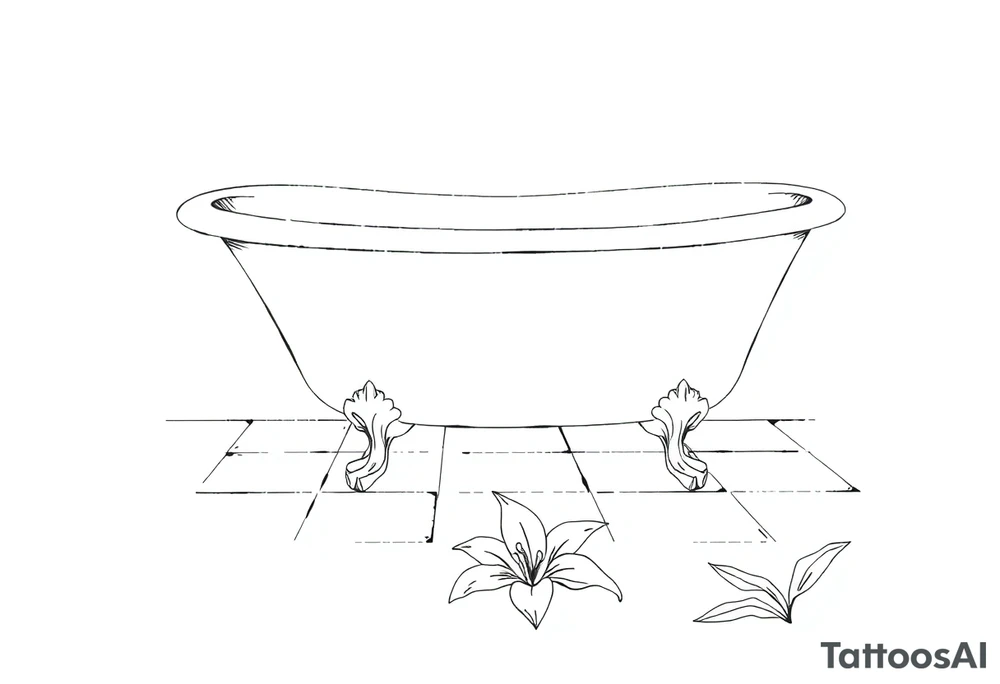 Clawfoot bathtub on tile floor with lily coming up from floor tattoo idea
