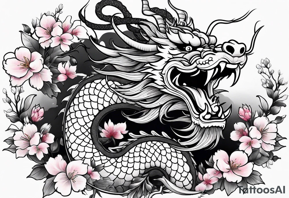 chinese dragon with sakura flowers tattoo idea