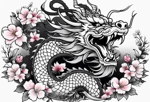 chinese dragon with sakura flowers tattoo idea