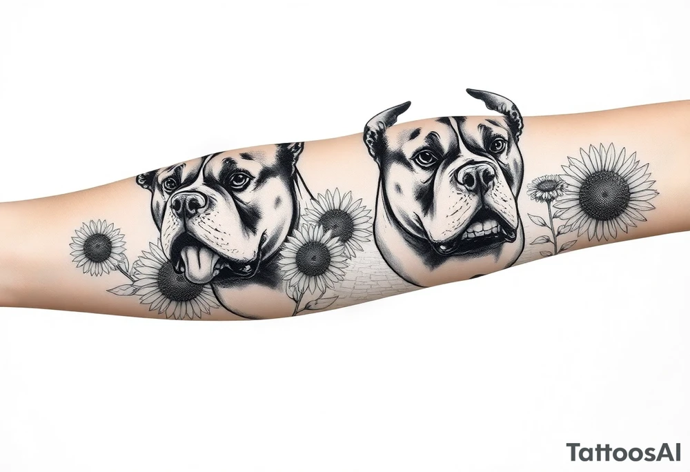 Multiple very thick muscled up pitbulls' portraits fading into the background as filler incorporate sunflowers, an old road made from pavers tattoo idea