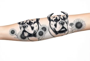 Multiple very thick muscled up pitbulls' portraits fading into the background as filler incorporate sunflowers, an old road made from pavers tattoo idea