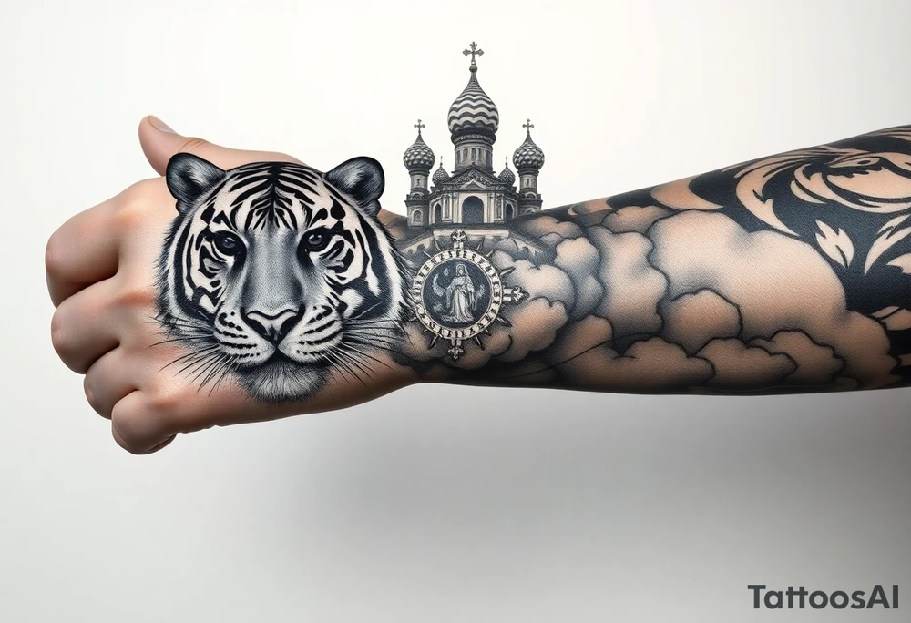 Realistic tiger face on the back of the hand with strong contrast and fine detail with all black eyes. then a highly detailed Russian Orthodox cathedral sitting above on the top fore arm with onion domes and orthodox crosses, done in fine line, engraving-like style. Cohesive composition, black ink only, no color, high contrast, slightly aged, documentary-style, plain light background. with clouds above and a virgin mary tattoo idea