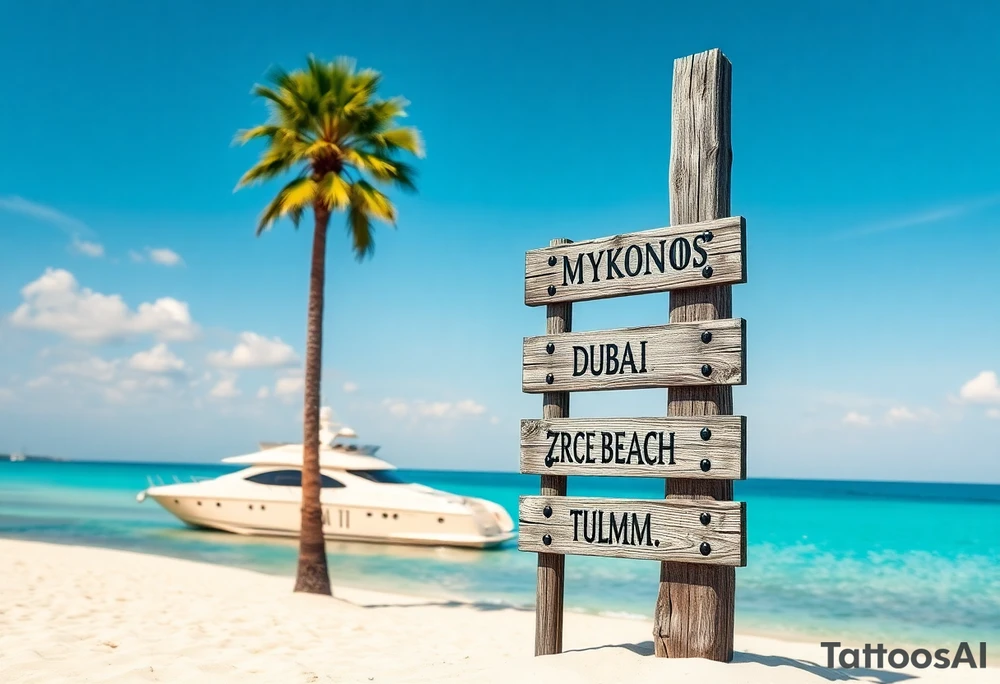 A tall wooden signpost with four directional arrows, each pointing in a different direction. The arrows are rustic and slightly weathered, with the names of popular travel destinations written on them: 'IBIZA', 'MYKONOS', 'DUBAI', 'ZRCE BEACH', 'IOS', 'PALMA', and 'TULUM'. The signpost is located on a sandy beach with a clear blue ocean in the background. A luxurious white yacht is visible on the water, slightly in the distance. A tall, green palm tree stands nearby, casting a small shadow on the sand. The scene is bathed in warm sunlight, with a few wispy clouds in the sky, creating a relaxed and tropical vacation vibe. tattoo idea