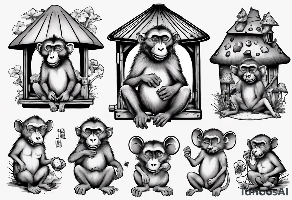 a baboon in a playhouse with mice and mushrooms tattoo idea