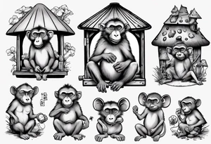 a baboon in a playhouse with mice and mushrooms tattoo idea