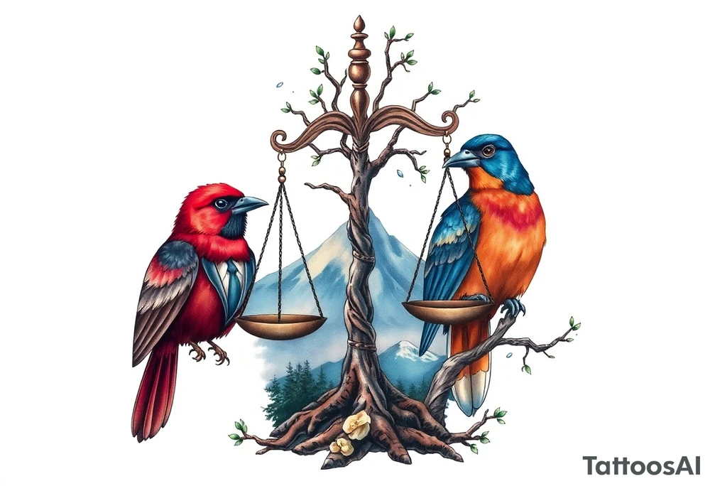 one of the birds red wearing a suit, other bird navy blue with glasses or holding a book, scales of justice built into a tree, starry night painting and mountain background tattoo idea