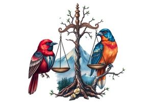 one of the birds red wearing a suit, other bird navy blue with glasses or holding a book, scales of justice built into a tree, starry night painting and mountain background tattoo idea