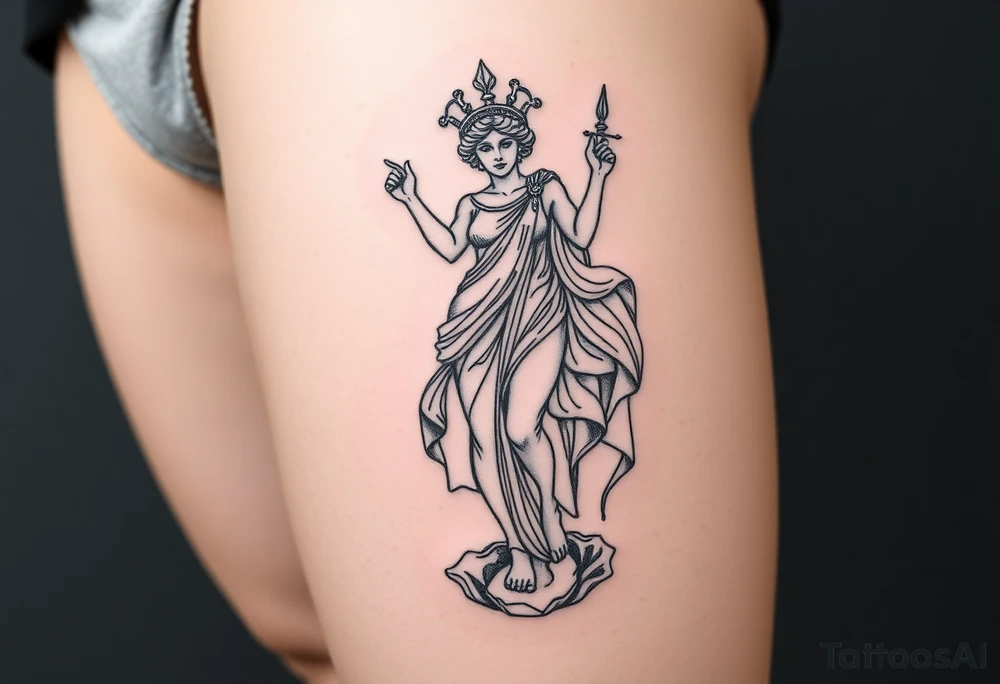 outer thigh tattoo greek sculpture athena, fine line tattoo idea