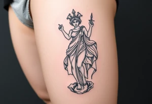 outer thigh tattoo greek sculpture athena, fine line tattoo idea
