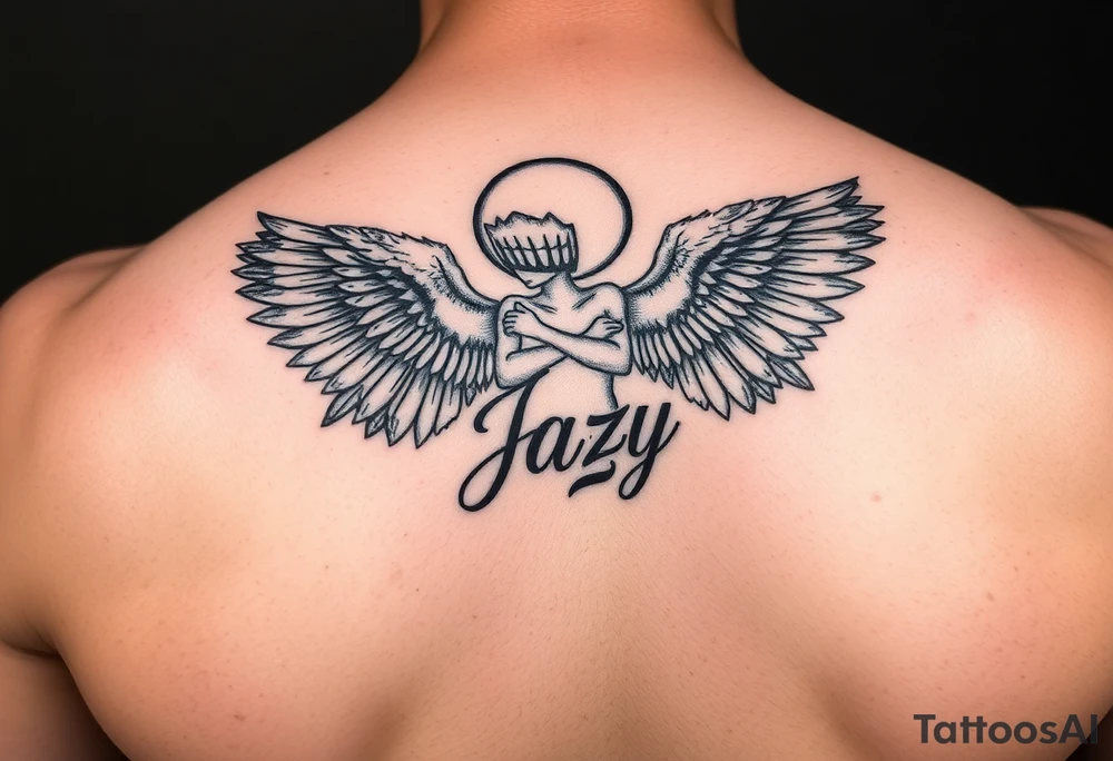 upper shooulder tattoo - Remembrance angel of a deceased best friend with the name Jazy incorporated tattoo idea
