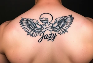 upper shooulder tattoo - Remembrance angel of a deceased best friend with the name Jazy incorporated tattoo idea