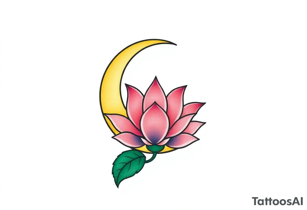 small colorful crescent moon with lotus flower tattoo idea