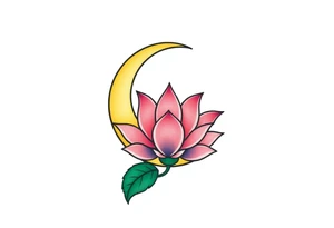 small colorful crescent moon with lotus flower tattoo idea